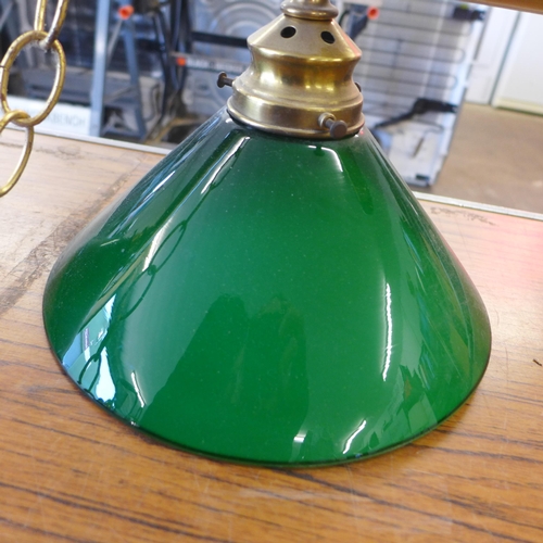 2364 - A Brass and green glass pool/snooker table light fitting