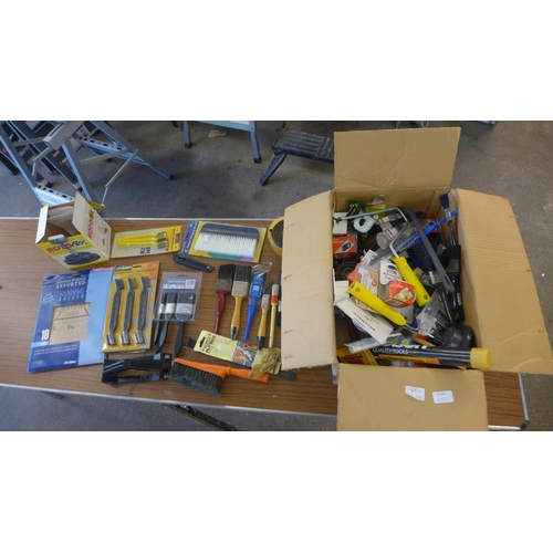 2369 - A box of decorating equipment- including paint brushes hanging brush wire brushed sand paper and tap... 