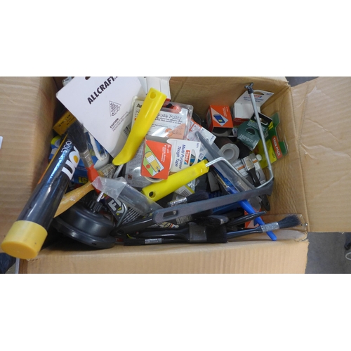 2369 - A box of decorating equipment- including paint brushes hanging brush wire brushed sand paper and tap... 