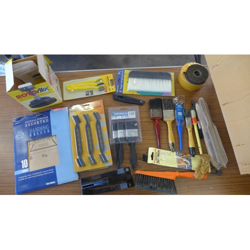 2369 - A box of decorating equipment- including paint brushes hanging brush wire brushed sand paper and tap... 