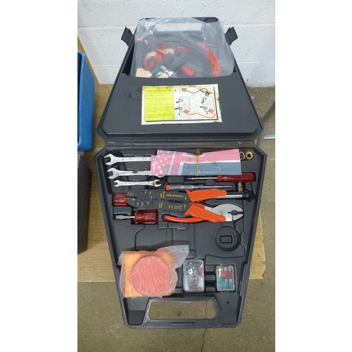 2004 - A plastic tool box with small amount of tools and an in-car SOS kit including spanner set and jump s... 