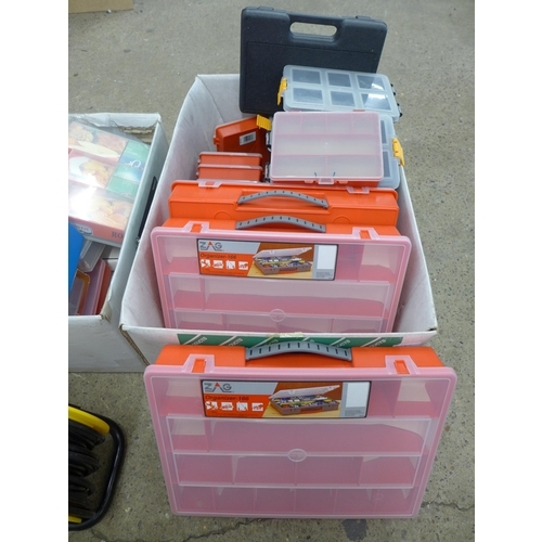 2020 - Two boxes of assorted organizer trays and toolboxes and a heavy duty 25m 2 socket extension reel