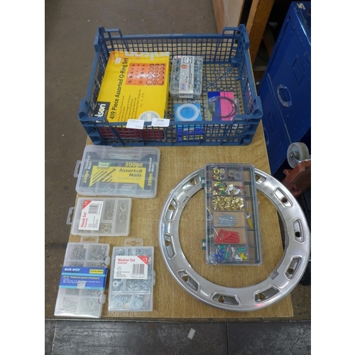 2038 - A tray of assorted hardware including nails, screws, washers, hooks and o-ring set etc.