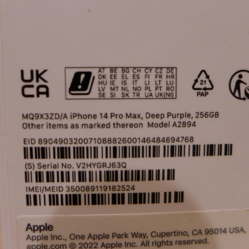 3138 - Iphone 14Pro Max - Deep Purple - 256gb (model no:- MQ9X3ZD/A), original RRP £1054.99 + VAT (308-26) ... 