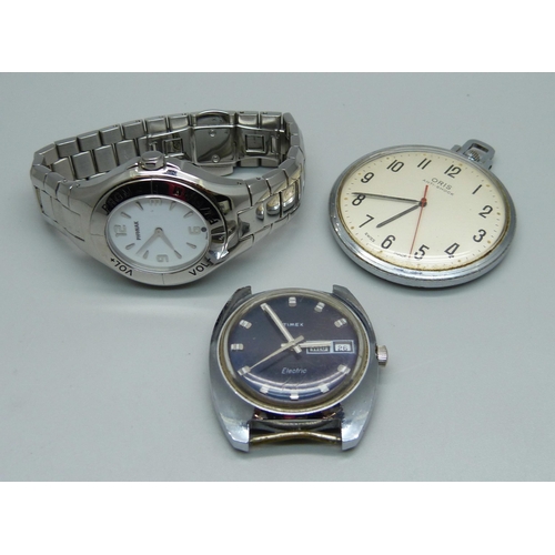 1002 - An Oris pocket watch, a Timex Electric wristwatch with day/date and a Phonak Hearing Systems wristwa... 