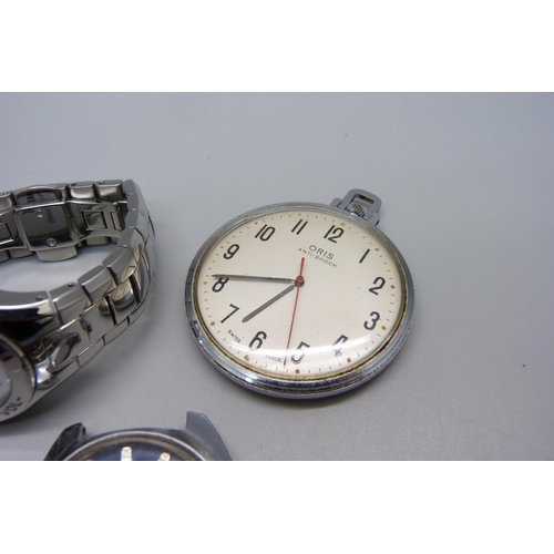 1002 - An Oris pocket watch, a Timex Electric wristwatch with day/date and a Phonak Hearing Systems wristwa... 