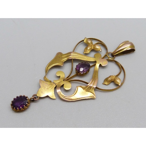 1004 - A 9ct gold Art Nouveau drop pendant set with amethyst, Chester 1913, 1.5g