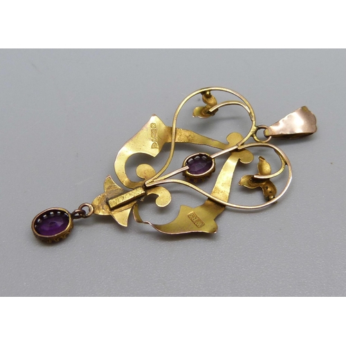 1004 - A 9ct gold Art Nouveau drop pendant set with amethyst, Chester 1913, 1.5g