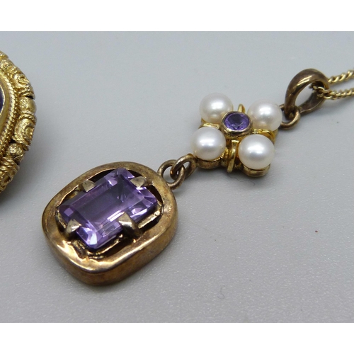 1005 - A silver gilt pendant on chain and a silver and quartz brooch