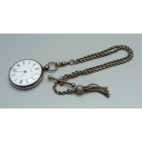 1006 - A silver fob watch, C.B. Hammond, London, and an Albertina chain with 9ct gold dog clip