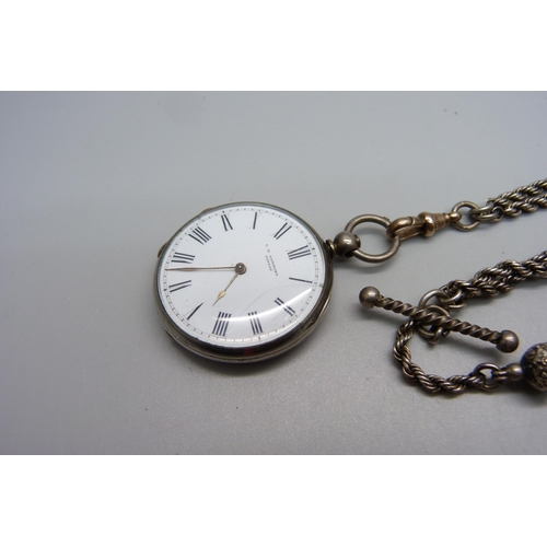 1006 - A silver fob watch, C.B. Hammond, London, and an Albertina chain with 9ct gold dog clip