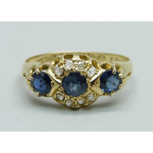 1009 - An 18ct gold, sapphire and diamond ring, Chester 1912, 2.2g, N