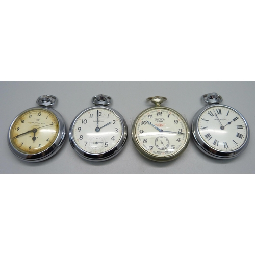 1022 - Four pocket watches including USSR Sekonda with railway loco detail on the case back