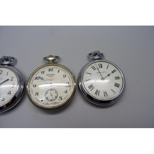 1022 - Four pocket watches including USSR Sekonda with railway loco detail on the case back