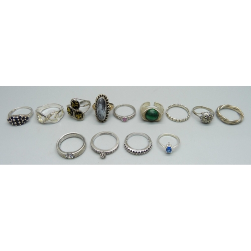 1026 - Thirteen rings; nine 925 silver, one marked 835 and three unmarked