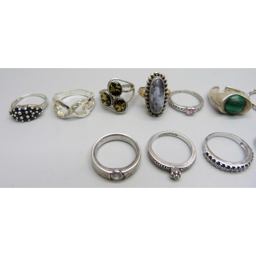 1026 - Thirteen rings; nine 925 silver, one marked 835 and three unmarked