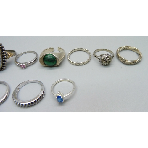 1026 - Thirteen rings; nine 925 silver, one marked 835 and three unmarked