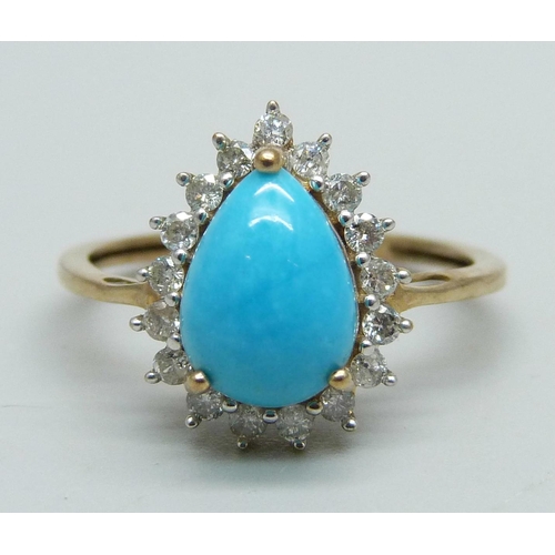 1030 - A 9ct gold and teardrop turquoise ring surrounded by seventeen 0.05ct brilliant cut diamonds, 2.3g, ... 