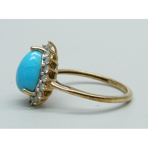 1030 - A 9ct gold and teardrop turquoise ring surrounded by seventeen 0.05ct brilliant cut diamonds, 2.3g, ... 