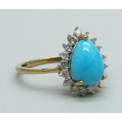 1030 - A 9ct gold and teardrop turquoise ring surrounded by seventeen 0.05ct brilliant cut diamonds, 2.3g, ... 