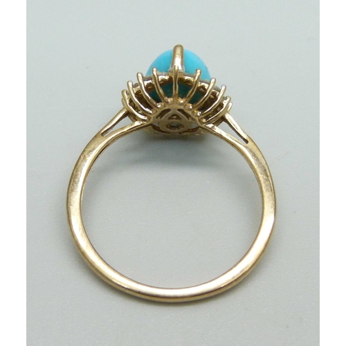 1030 - A 9ct gold and teardrop turquoise ring surrounded by seventeen 0.05ct brilliant cut diamonds, 2.3g, ... 