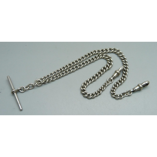 1034 - A silver double Albert chain, 28.7g, 39cm