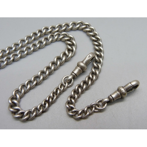 1034 - A silver double Albert chain, 28.7g, 39cm