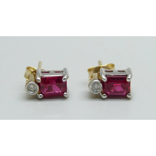 1040 - A pair of 9ct gold, diamond and red stone earrings, 1.4g