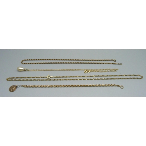 1046 - Three 9ct gold chains, a 9ct gold bracelet and a 9ct gold St. Christopher charm, 13g