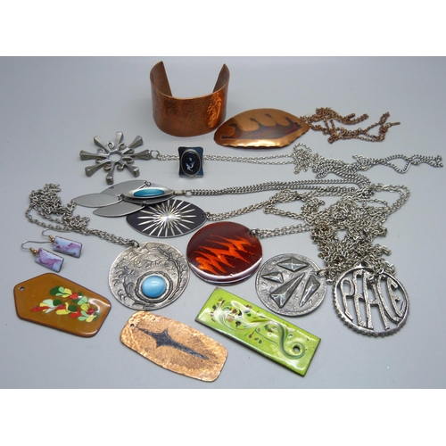 1051 - 1960s/70s enamel, stainless steel and copper jewellery