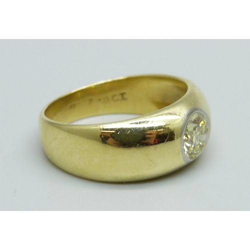 1063 - An 18ct gold, yellow diamond set ring, approximately 0.6 to 0.7ct diamond weight, 6.2g, M