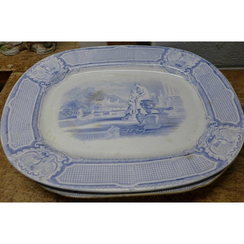 1072 - Two blue and white meat plates, a Spode blue and white charger, two Royal Doulton collectors plates,... 