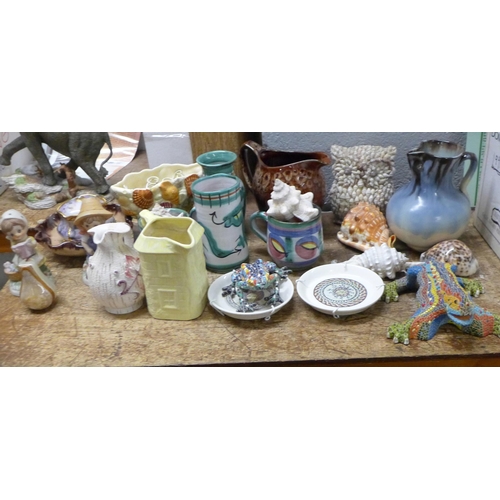 1074 - Assorted china including Tintagel Pottery mugs and vase, sea shells, Spanish and other china, etc. *... 