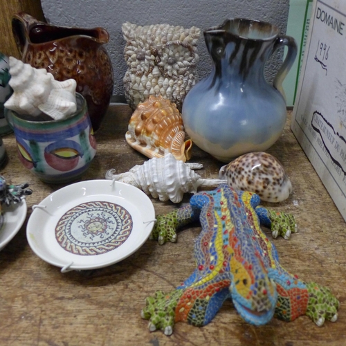 1074 - Assorted china including Tintagel Pottery mugs and vase, sea shells, Spanish and other china, etc. *... 