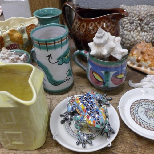 1074 - Assorted china including Tintagel Pottery mugs and vase, sea shells, Spanish and other china, etc. *... 