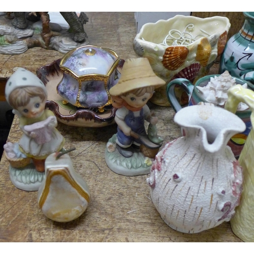 1074 - Assorted china including Tintagel Pottery mugs and vase, sea shells, Spanish and other china, etc. *... 