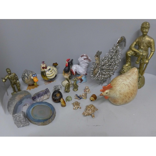 1085 - A brass model of a miner, agate slice and mineral samples, Wade Whimsies, etc. **PLEASE NOTE THIS LO... 