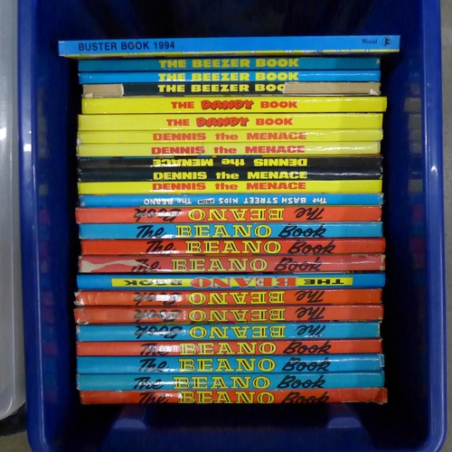 1087 - A box of children's annuals, Beano, Dandy, Beezer, plus a box of football magazines and other magazi... 