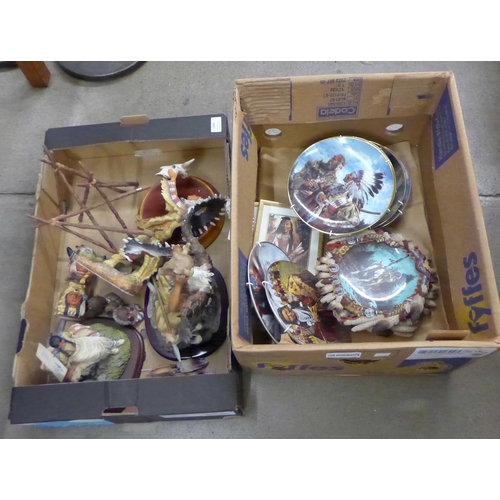 1089 - Two boxes of Native American collectors plates and assorted figures including Juliana Collection **P... 