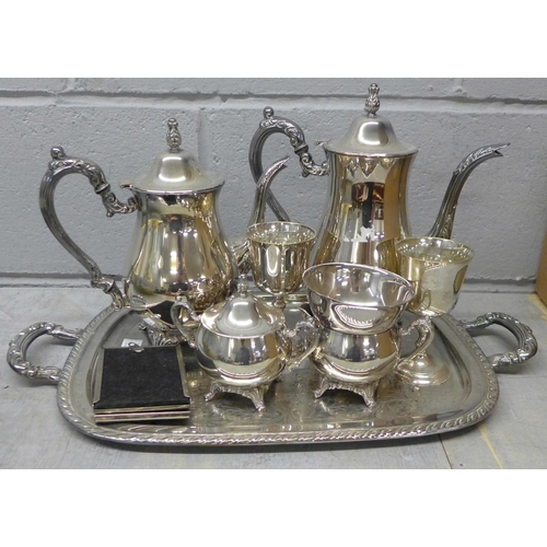 1095 - A five piece Oneida plated ware tea service and other plated ware including a tray, two goblets and ... 