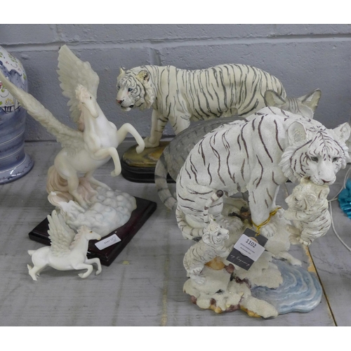 1102 - Two tiger sculptures, a cat figure and one other Pegasus figure group, a/f **PLEASE NOTE THIS LOT IS... 