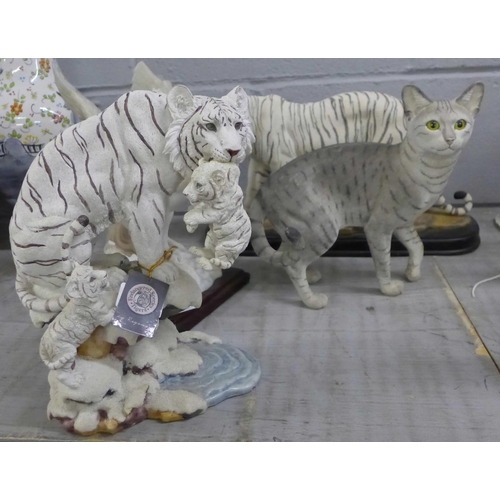 1102 - Two tiger sculptures, a cat figure and one other Pegasus figure group, a/f **PLEASE NOTE THIS LOT IS... 