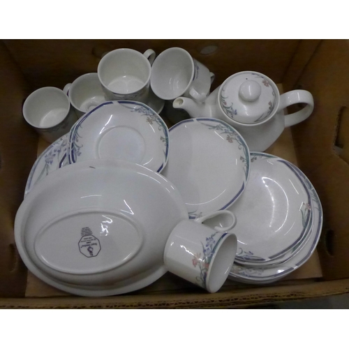 1112 - Three boxes of mixed china including a Royal Doulton Juno pattern dinner and tea service, Crown Devo... 