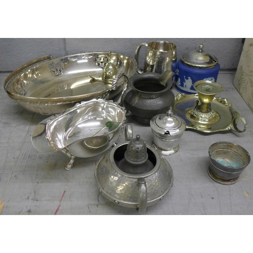 1116 - A Wedgwood Jasperware preserve pot, a chamber stick, plated ware and pewter **PLEASE NOTE THIS LOT I... 