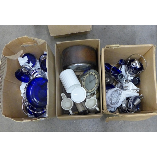 1119 - Three boxes; a collection of chrome mounted blue glass, two clocks, a Coalport pot, cream and sugar,... 