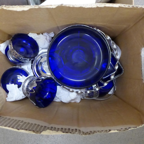 1119 - Three boxes; a collection of chrome mounted blue glass, two clocks, a Coalport pot, cream and sugar,... 