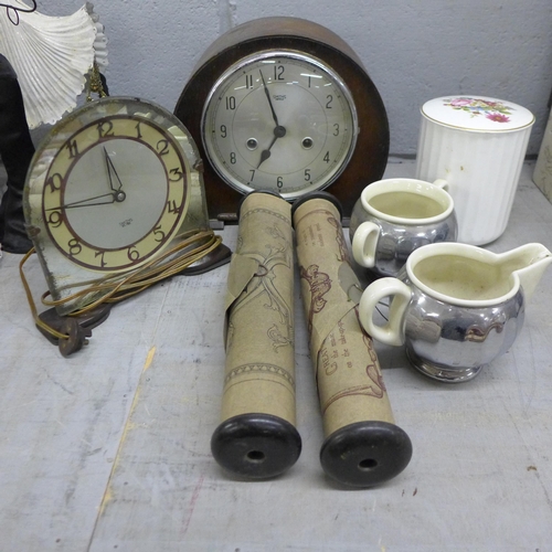 1119 - Three boxes; a collection of chrome mounted blue glass, two clocks, a Coalport pot, cream and sugar,... 