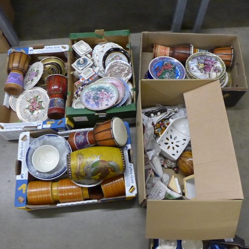 1122 - Five boxes of assorted decorative china, bongos, etc. **PLEASE NOTE THIS LOT IS NOT ELIGIBLE FOR POS... 