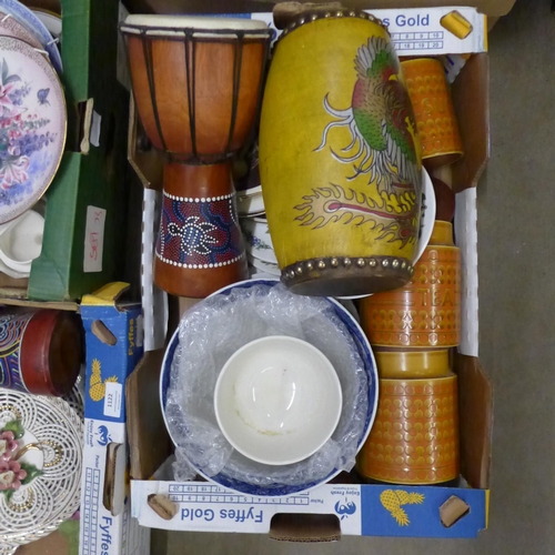 1122 - Five boxes of assorted decorative china, bongos, etc. **PLEASE NOTE THIS LOT IS NOT ELIGIBLE FOR POS... 