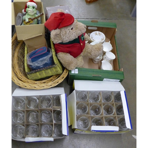 1126A - Two sets of wine glasses, three wicker baskets, a soft toy Teddy bear, two musical animal figures, e... 